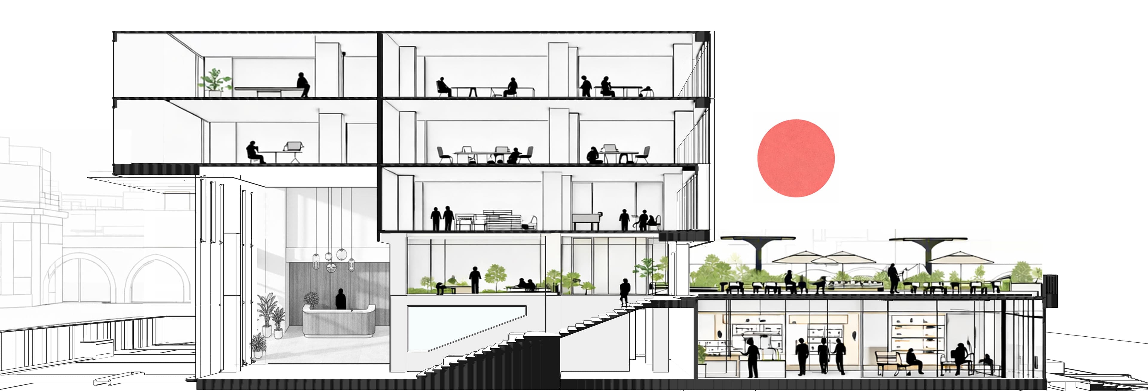 Ahmedabad Institutional Project — section through triple height entrance and steps leading to recreational podium